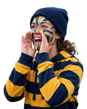 Excited sports fan cheering with face paint and knit hat isolated on transparent background