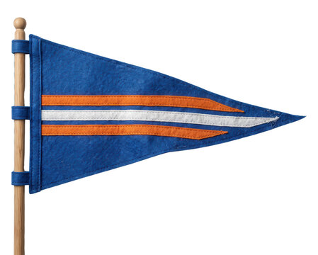 Blue pennant flag with orange and white stripes isolated on transparent background