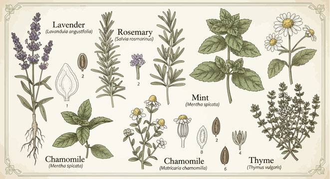 Herbal Remedies: Lavender, Rosemary, Mint, Chamomile, Thyme - Botanical Illustration