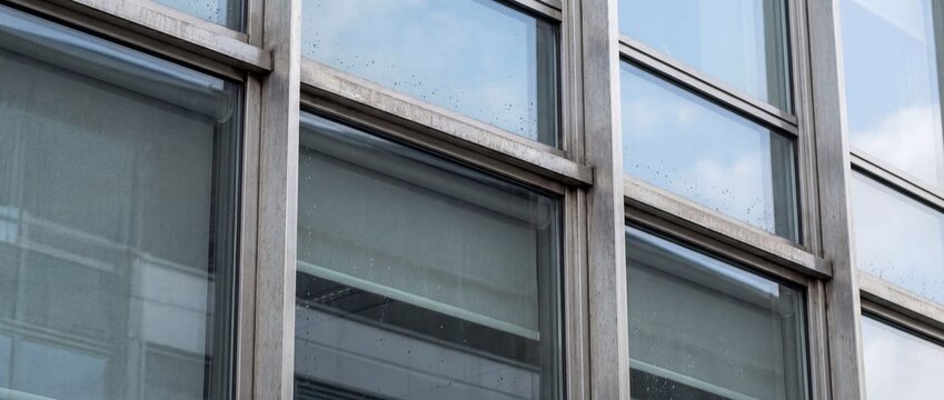 Modern glass office facade with blue sky reflections and steel window frames