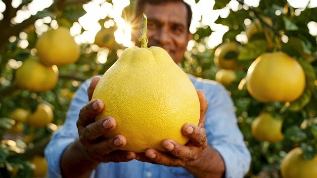 Farmer Holding Large Ripe Pomelo Fruit in Orchard - A person proudly holds a very large, yellow pomelo fruit in a citrus orchard, with more ripe pomelos visible on the trees in the background.