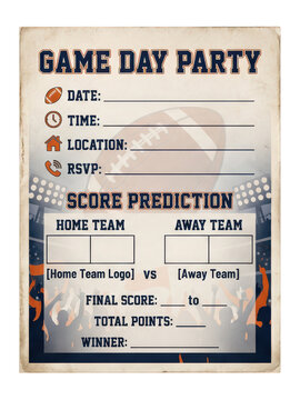 Game Day Party football invitation template with score prediction section isolated on transparent background