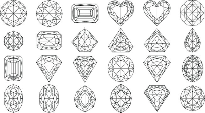 Geometric gemstone outline icons showing round, emerald, heart, pear, oval, marquise, and triangular cuts for vector artwork
