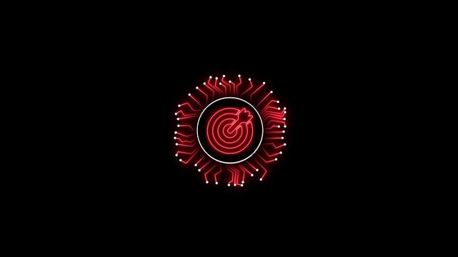 Neon red digital target icon with circuit board pattern animation a glowing digital encased within an animated circular structure on black technology electronics glowing cyber data
