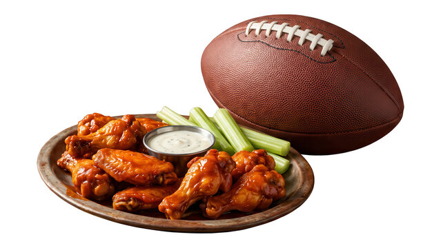 Spicy buffalo chicken wings with celery and ranch dip next to a football isolated on transparent background