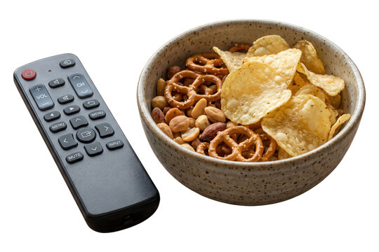Bowl of snack mix and remote control isolated on transparent background