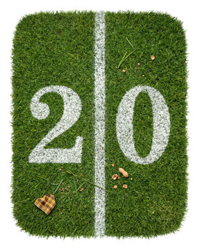 Twenty yard line on green grass with a plaid heart and peanut shells isolated on transparent background