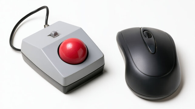 A trackball device is situated next to a standard computer mouse on a plain surface. Both are tools used for navigating computer interfaces