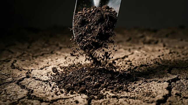 Fresh fertile soil pouring onto dry parched earth