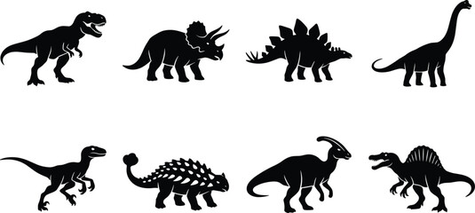 Prehistoric dinosaur silhouette collection featuring Tyrannosaurus, Triceratops, Stegosaurus, Brachiosaurus, Velociraptor, Ankylosaurus, Parasaurolophus, and Spinosaurus © MstMostarina