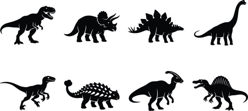 Prehistoric dinosaur silhouette collection featuring Tyrannosaurus, Triceratops, Stegosaurus, Brachiosaurus, Velociraptor, Ankylosaurus, Parasaurolophus, and Spinosaurus