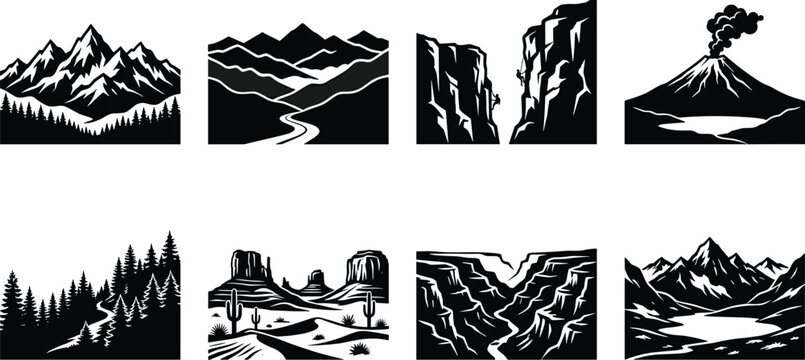 Scenic landscape silhouette collection featuring mountains, volcano, forest, desert, canyon, river, and lake views