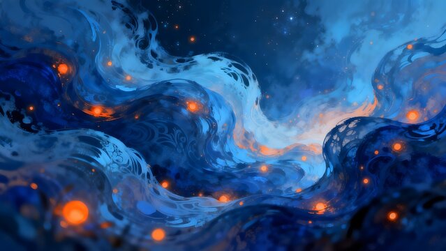 Abstract swirling blue and orange cosmic scene