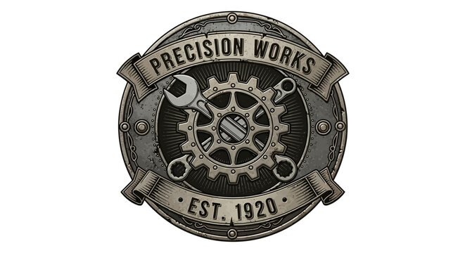 Vintage Precision Works Emblem with Gears and Wrench - Industrial Logo Design