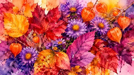 Fototapeta premium Hyper Colorful Autumn Leaves and Flowers Background with Warm Pink Light