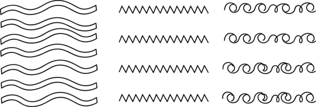 Line pattern collection, black vector illustration of wavy, zigzag, and curly decorative designs