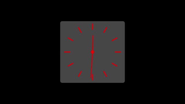 Simple square clock face with red hour and minute hands showing time passing quickly on black background, abstract motion graphic.