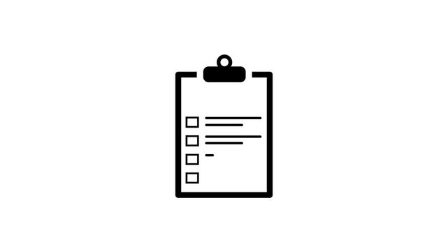 Minimalist clipboard animation featuring checklist items appearing sequentially with black checkmarks in checkboxes against white background for task management.