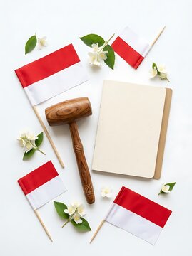 Wooden gavel with red and white flags and jasmine on white surface