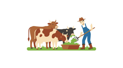 Fototapeta premium Farmer feeding cows fresh grass on a farm, agricultural illustration