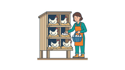 Farmer collecting fresh eggs from nesting boxes in a chicken coop with hens. © rokok