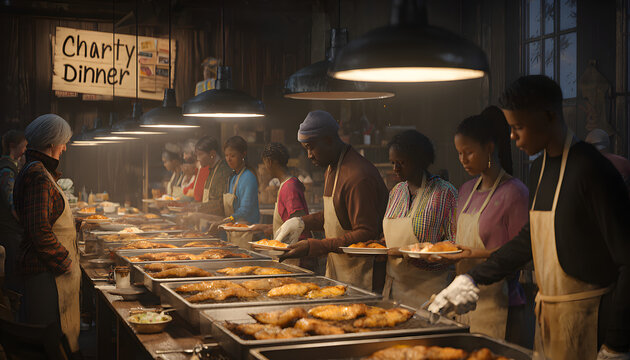 A warm social gathering is held to support a local charity fundraiser, with people lined up for a hot fried fish buffet in the church hall. Volunteers serve food during a community meal.