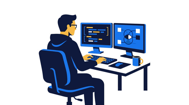 Programmer working on computer with multiple screens.