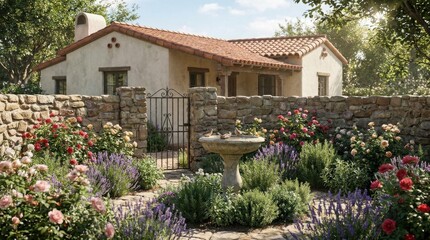 Fototapeta premium Charming rustic house with stone walls and a blooming garden in a sunny countryside setting
