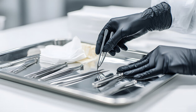 Black latex gloves are worn by hands when preparing for work or medical procedures. Clean protective gear is utilized for safety and hygiene. Sterile equipment is available for use.