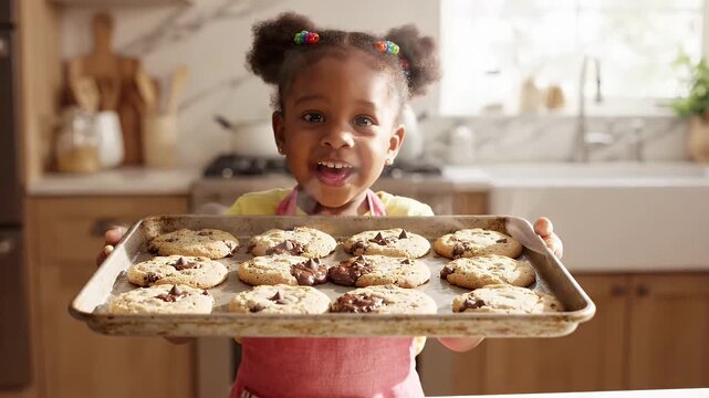 Happy Young Child Holds Freshly Baked Chocolate Chip Cookies - A joyful toddler girl smiles widely as she presents a baking sheet filled with delicious, warm chocolate chip cookies in a bright