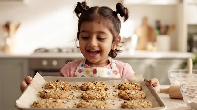 Happy Toddler Girl Holding Freshly Baked Oatmeal Cookies - A joyful toddler girl with her hair in two buns excitedly presents a baking sheet filled with freshly baked oatmeal cookies.
