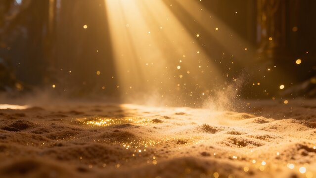 Golden light beams on sandy ground