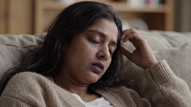 Young Woman Suffering from Anemia Symptoms - A young woman sits on a couch with her head in her hand, looking unwell.