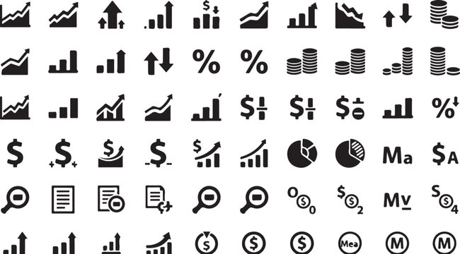 Financial stock market growth graph icon set business data analysis minimalist symbol vector collection