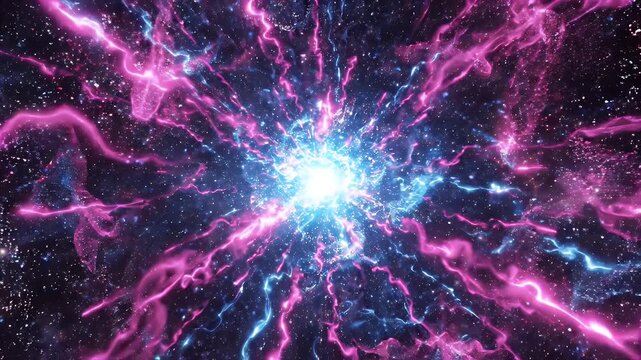 Vibrant Cosmic Explosion in Space with Neon Streaks - A stunning visual depicts a vibrant cosmic explosion at the center of the frame, radiating outwards with bright neon pink and blue streaks