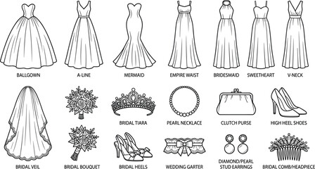 Set of bridal wedding dress silhouettes and fashion accessories, flat line art icons for design © Jahid
