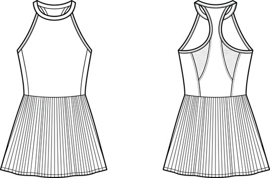 Technical fashion sketch of a women&rsquo;s racerback pleated tennis dress, front and back view for apparel design, image_c41edc.jpg