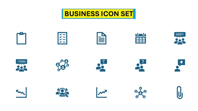 Business and Office Icon Set &ndash; Clipboard, Document, Calendar, Meeting, Network and Team Symbols in Flat Blue Style