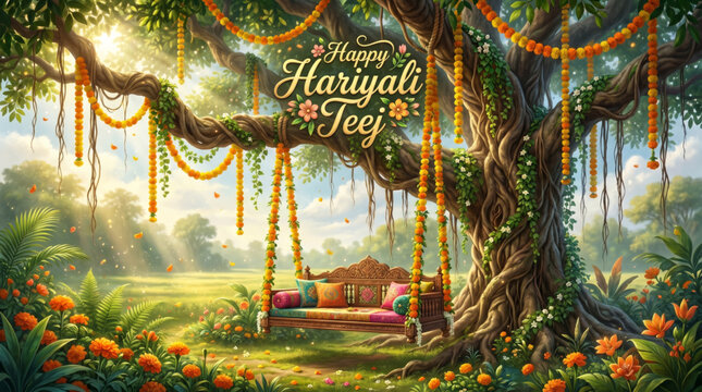 Serene Floral Swing beneath Ancient Tree for Scenic Hariyali Teej Festival Greeting