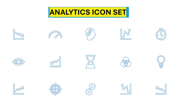 Analytics and Data Outline Icon Set &ndash; Chart, Graph, Growth, Eye, Brain, Hourglass and Business Analysis Symbols in Line Style