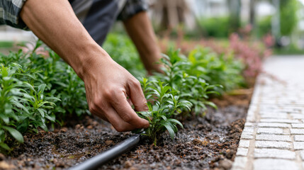 Fototapeta premium Closeup hands planting seedlings with drip irrigation in garden bed