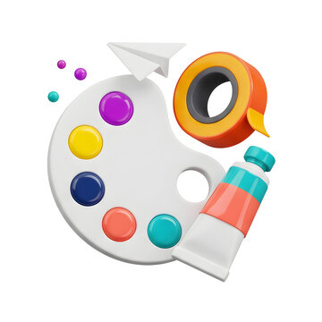 3D render of art supplies: paint palette, tube, tape, paper airplane