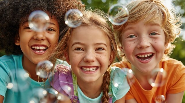 Close up portrait of laughing diverse children looking at camera through soap bubbles outdoor