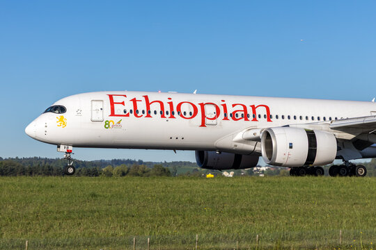 Ethiopian Airlines Airbus A350-900 airplane at Zurich airport in Switzerland