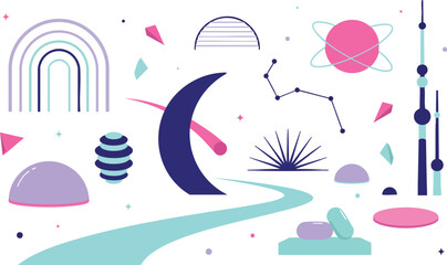 Space and celestial themed vector illustration collection with moon constellation stars planets and abstract cosmic forms. © Zahangir