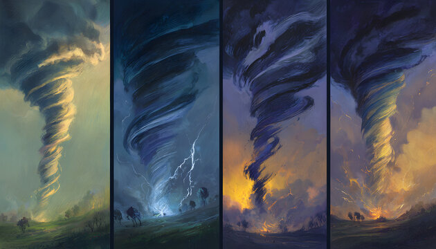 The four stylized tornado illustrations showcase swirling vortex weather phenomena, with various styles, including rain and dark clouds, that represent storm power and destruction.