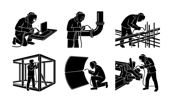 Welder Icon Set, Industrial Manufacturing Silhouettes, Metal Fabrication, Construction Workers, Professional Welding Jobs, Skilled Trades Vector Graphics