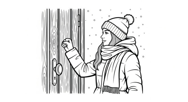Woman in winter clothing opening door.