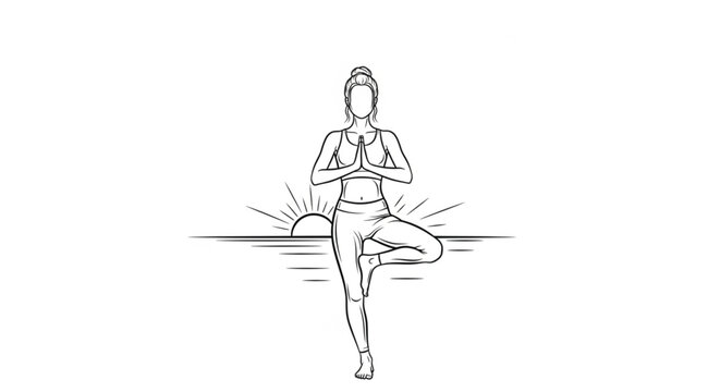 Woman in yoga tree pose standing.