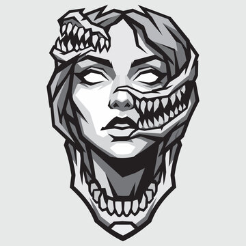 Dark Woman Face with Monster Teeth Split Horror Portrait Vector Illustration